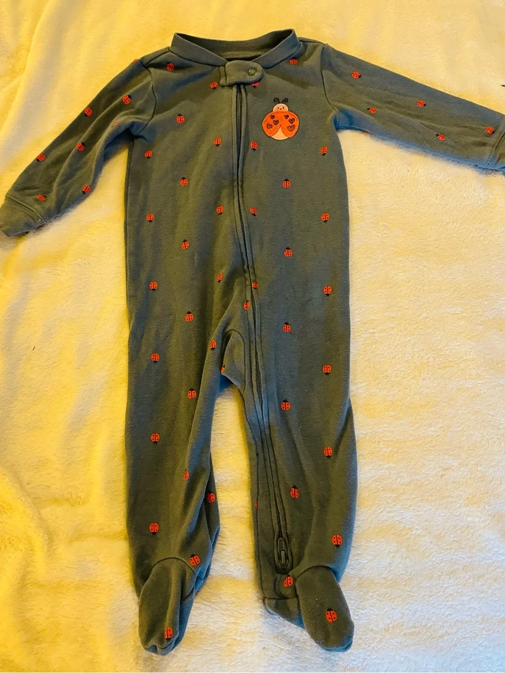 Carter's Olive One-Piece Footed Pajamas with Red Ladybug Print
